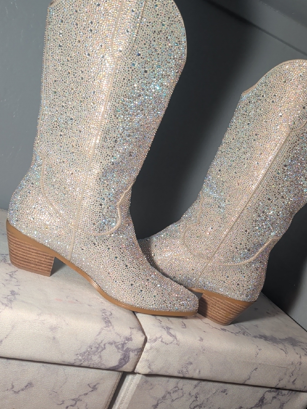 Crystal Embellished Women's Western Boots - Ivory Sparkle